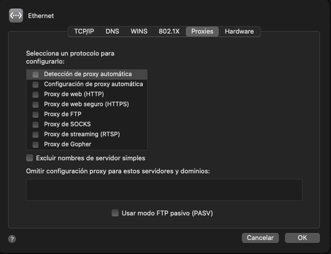 Ventana configuraci&oacute;n proxy en MacOS