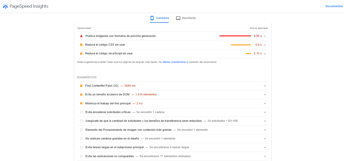 Oportunidades y diagn&oacute;stico obtenido de Pagespeed
