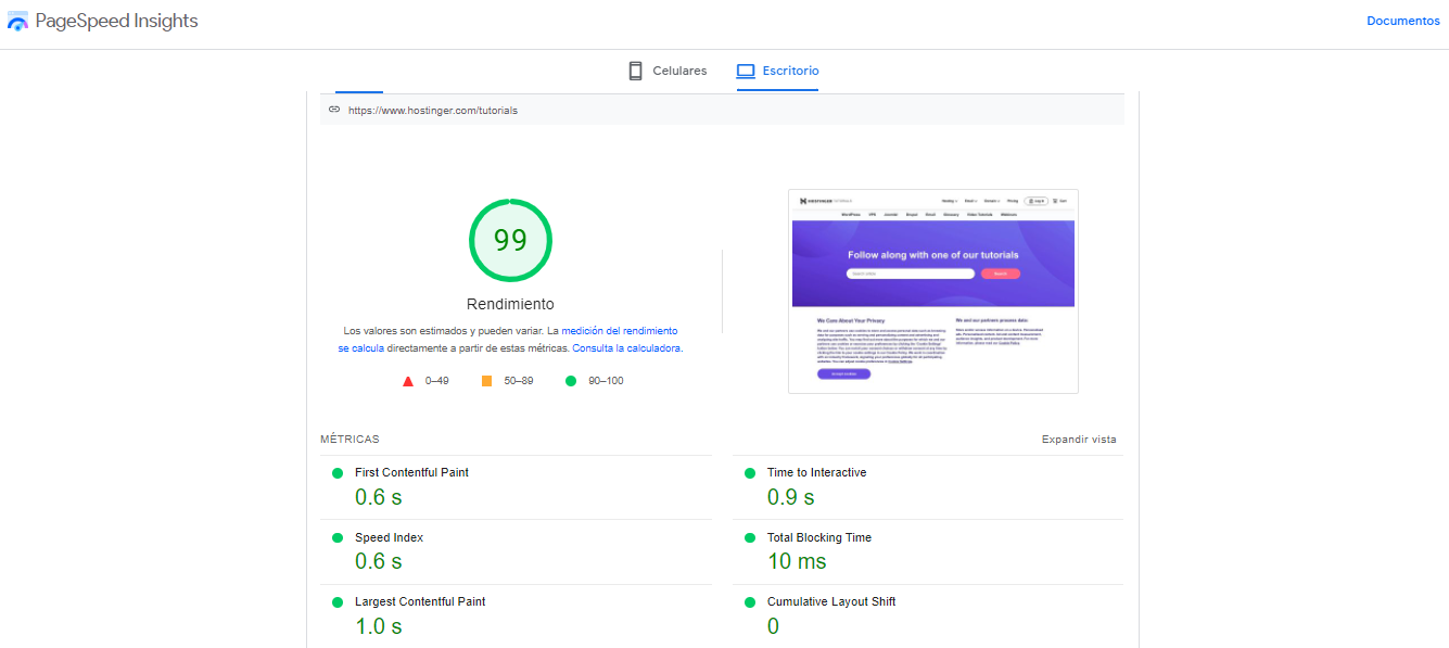 Detalle de las m&eacute;tricas en PageSpeed