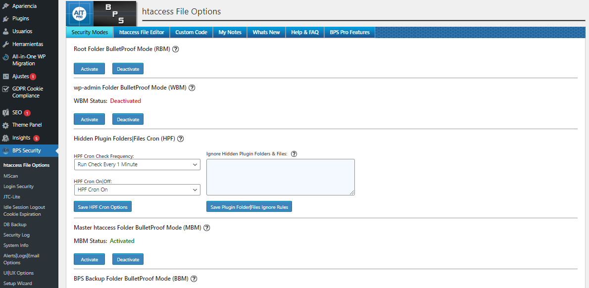 Visualizaci&oacute;n del plugin BulletProof Security en WordPress.