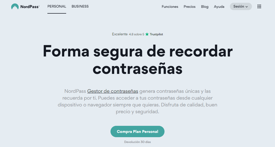 P&aacute;gina de inicio de NordPass.