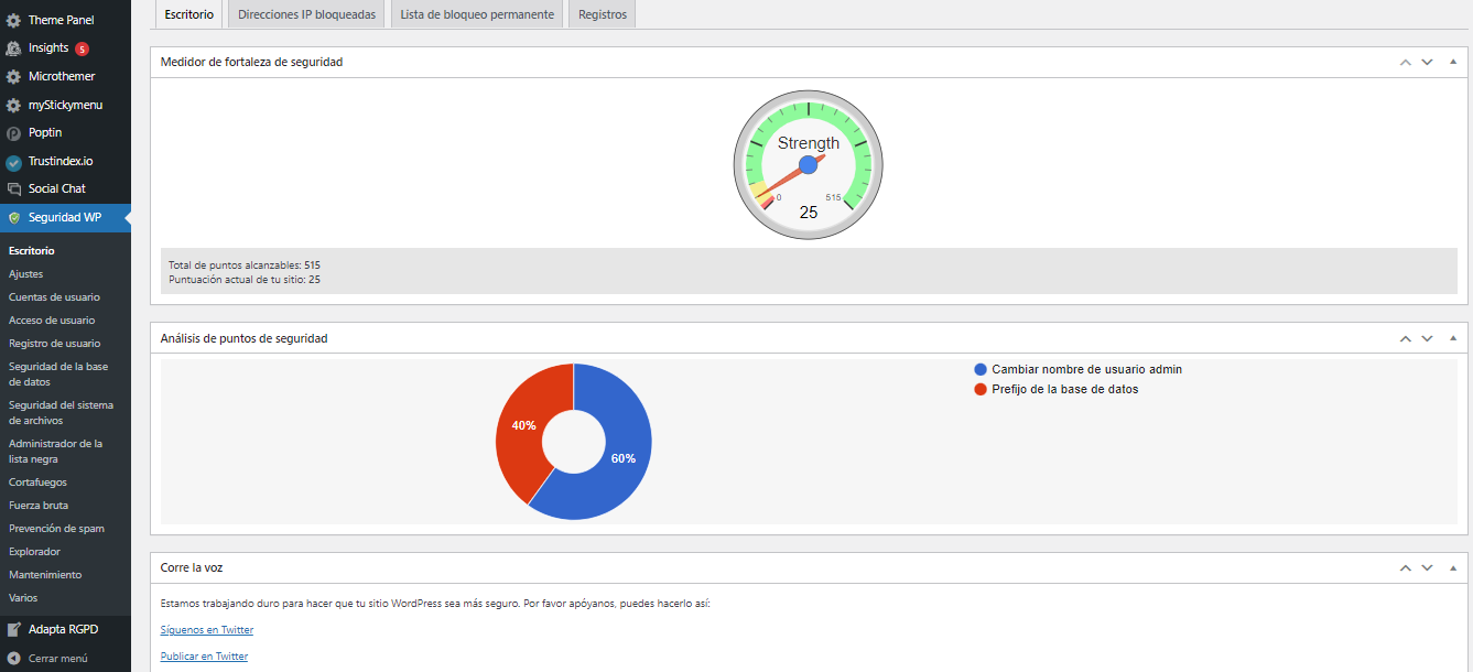 Plugin All In One WP Security & Firewall en WordPress.