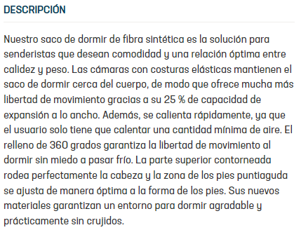 Ejemplo de la descripción de un saco de dormir de la empresa Deuter