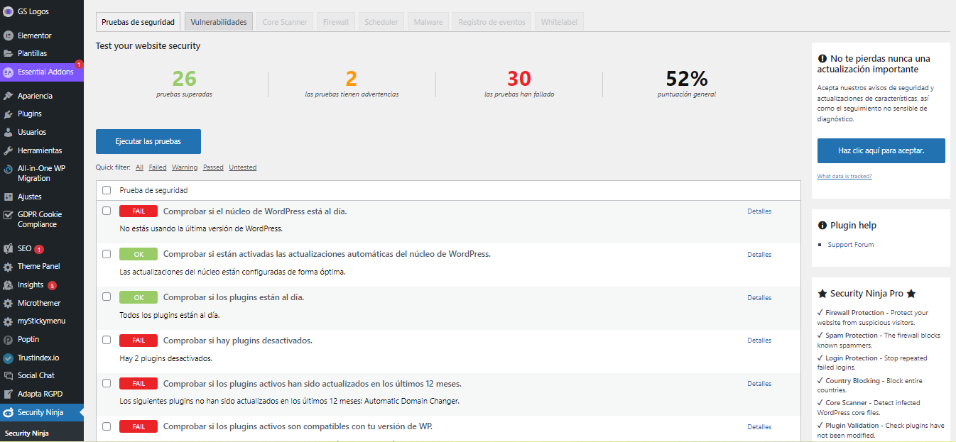Visualizaci&oacute;n del plugin Security Ninja en WordPress.