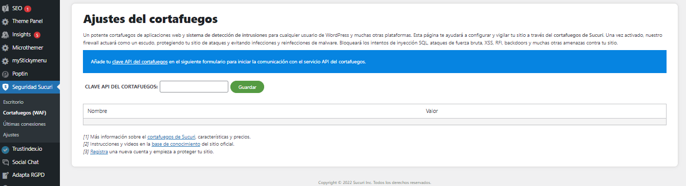 Visualizaci&oacute;n del plugin Sucuri Security en WordPress.
