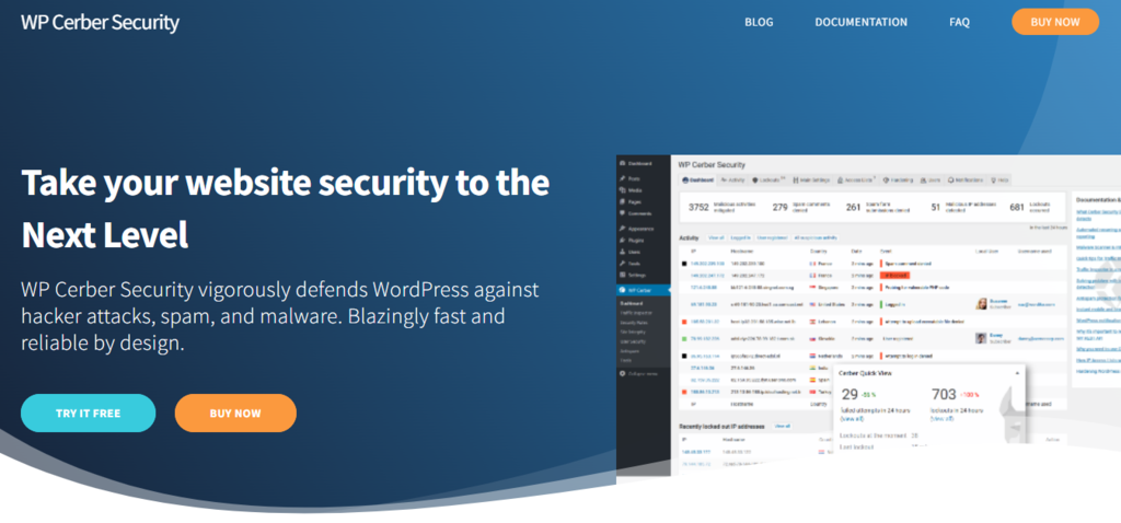 P&aacute;gina de inicio del plugin de seguridad WP Cerber Security.