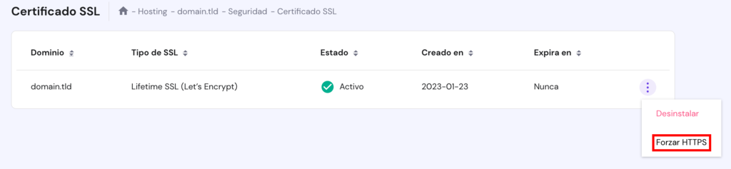 El bot&oacute;n Forzar HTTPS en la p&aacute;gina SSL de hPanel