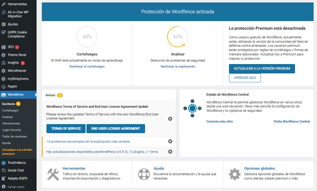 Visualizaci&oacute;n del plugin Wordfence en WordPress
