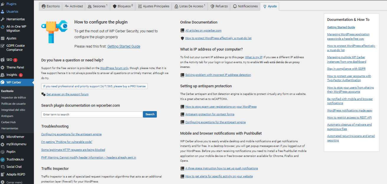 Visualizaci&oacute;n del plugin WP Cerber Security en WordPress.