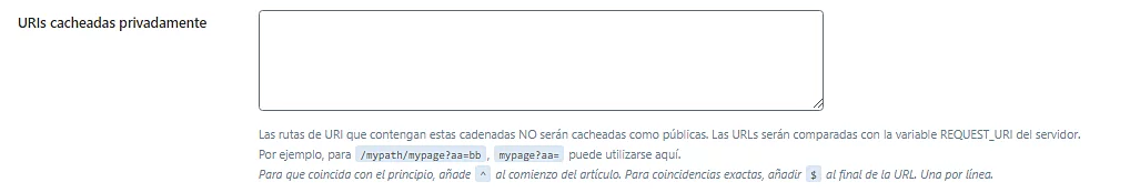 P&aacute;gina de configuraci&oacute;n de Cach&eacute; de LiteSpeed, secci&oacute;n URIs cacheadas privadamente
