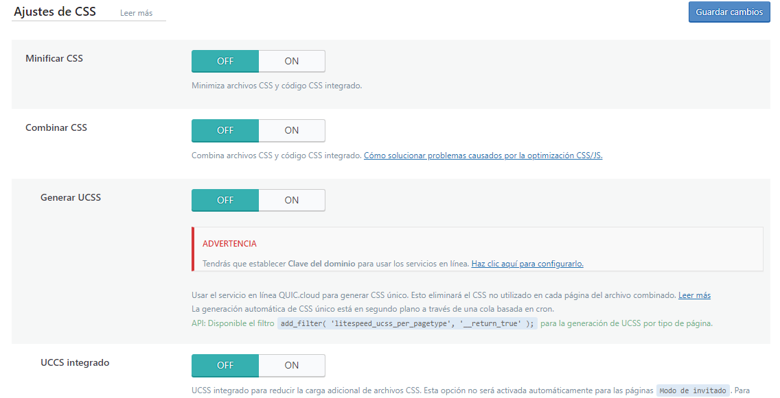P&aacute;gina de ajustes de CSS