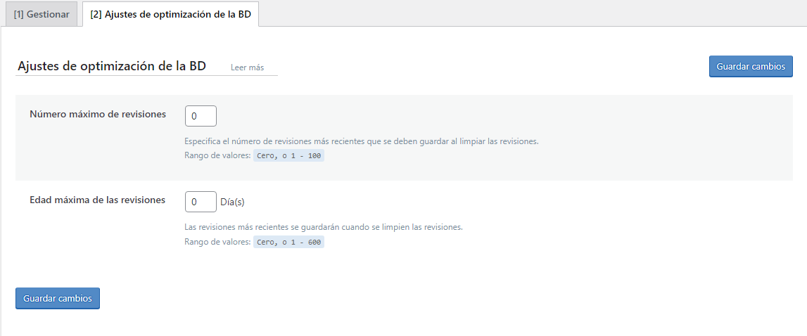 Secci&oacute;n Ajustes de optimizaci&oacute;n de la base de datos
