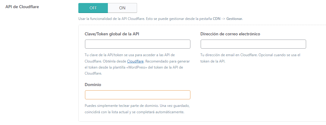 P&aacute;gina CDN de LiteSpees Cache, secci&oacute;n API de Cloudflare