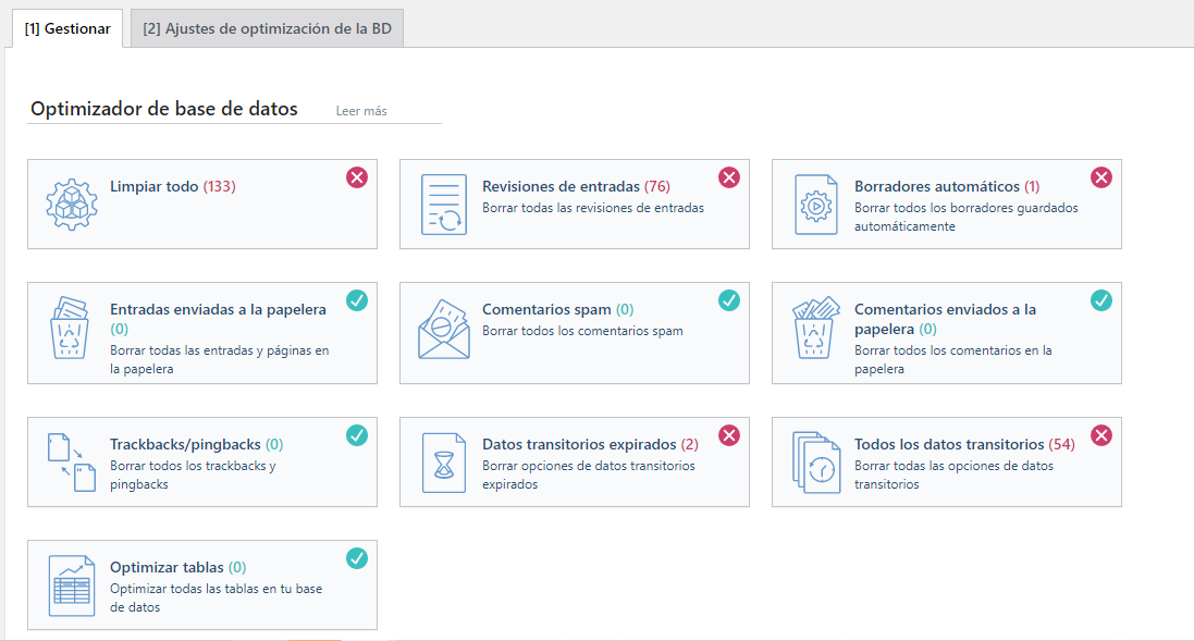 Secci&oacute;n Optimizador de base de datos
