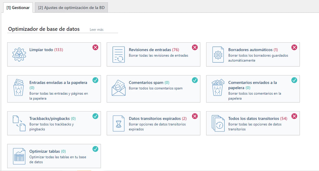 Sección Optimizador de base de datos