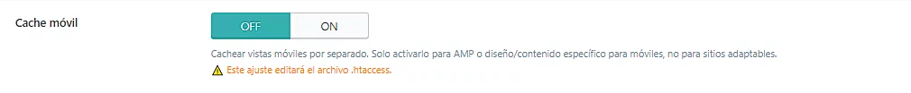 P&aacute;gina de configuraci&oacute;n de Cach&eacute; de LiteSpeed, secci&oacute;n Cach&eacute; m&oacute;vil