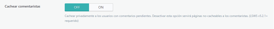 P&aacute;gina de configuraci&oacute;n de Cach&eacute; de LiteSpeed, secci&oacute;n Cachear comentaristas