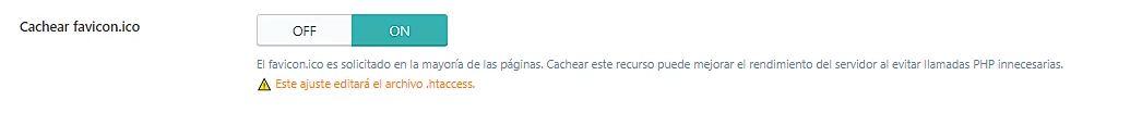 P&aacute;gina de configuraci&oacute;n de Cach&eacute; de LiteSpeed, secci&oacute;n Cachear favicon.ico