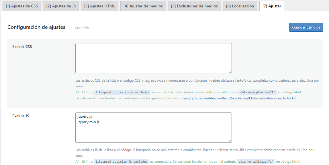 P&aacute;gina de configuraci&oacute;n de ajustes