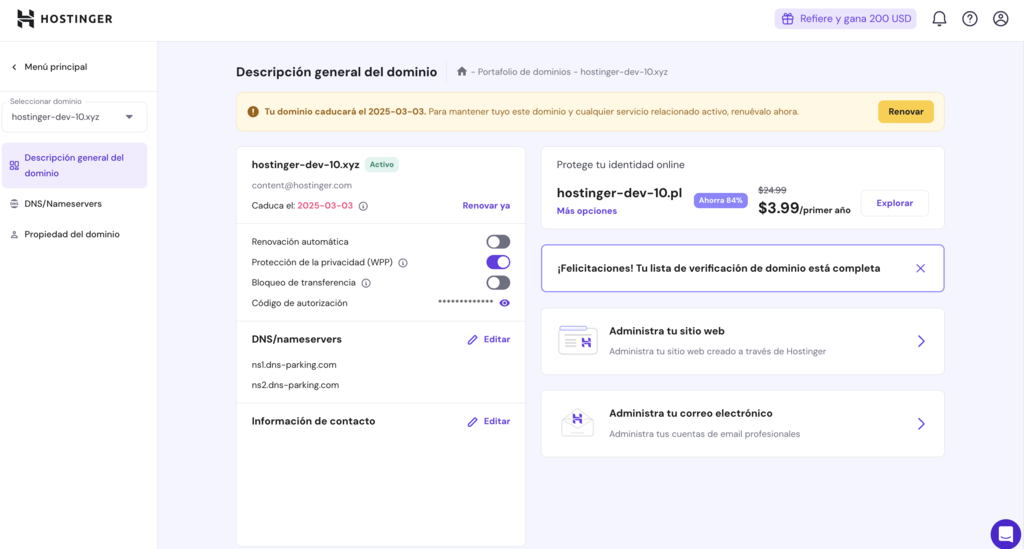 Resumen de dominios en hPanel