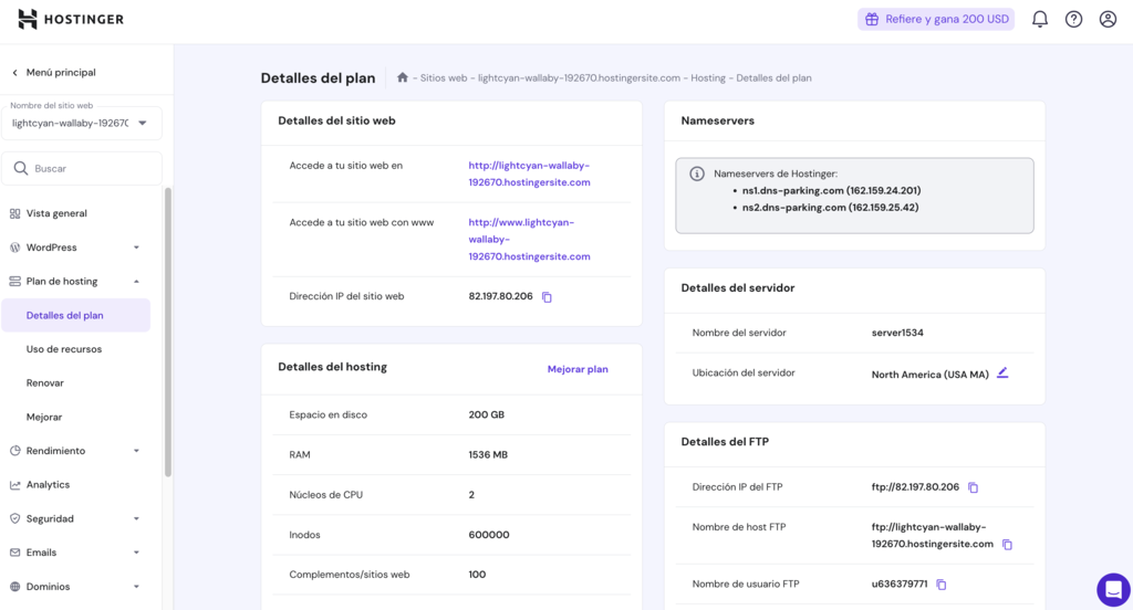 Secci&oacute;n de detalles del plan en hPanel