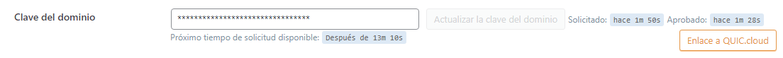 Enlace a Quic.cloud luego de la obtenci&oacute;n de la clave de dominio