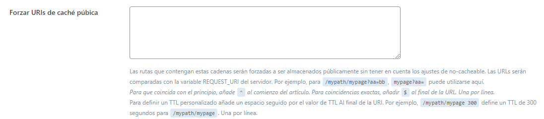 P&aacute;gina de configuraci&oacute;n de Cach&eacute; de LiteSpeed, secci&oacute;n Forzar URIs de cach&eacute; p&uacute;blica
