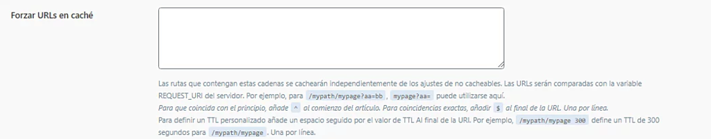 P&aacute;gina de configuraci&oacute;n de Cach&eacute; de LiteSpeed, secci&oacute;n Forzar URLs en cach&eacute;