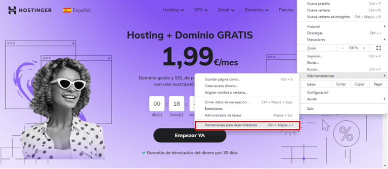 Visualización opción herramientas para desarrolladores