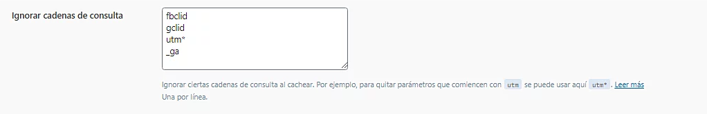P&aacute;gina de configuraci&oacute;n de Cach&eacute; de LiteSpeed, secci&oacute;n Ignorar cadenas de consulta