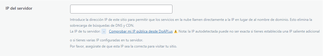 Ajustes generales de LiteSpeed Cache, secci&oacute;n IP del servidor
