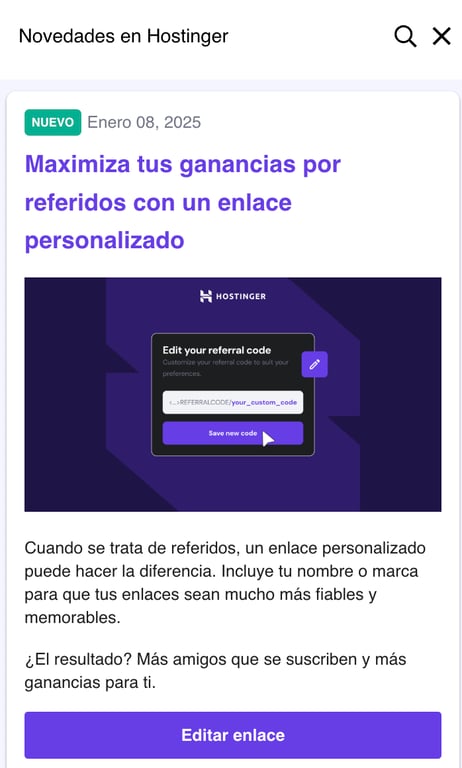 Secci&oacute;n de novedades de hPanel