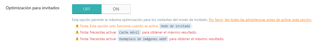 Ajustes generales de LiteSpeed Cache, secci&oacute;n Optimizaci&oacute;n para invitados