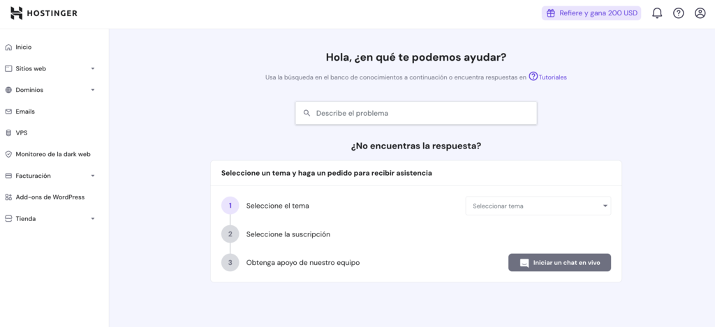 Secci&oacute;n de ayuda de hPanel