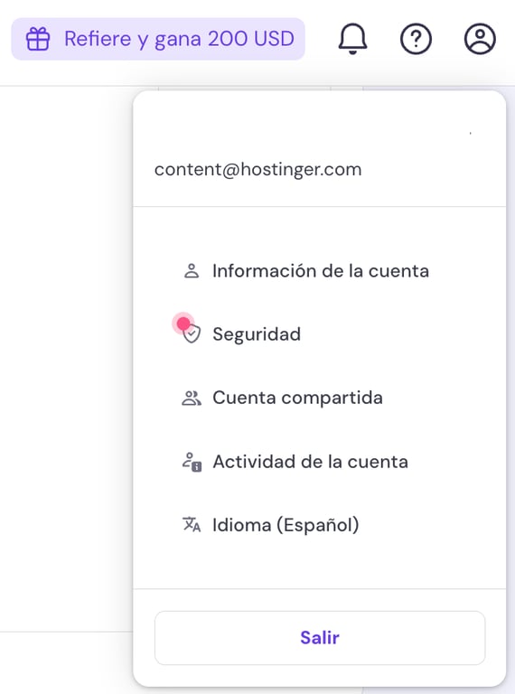 Secci&oacute;n de cuenta de hPanel