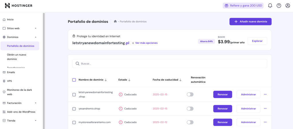 Secci&oacute;n de dominios en hPanel