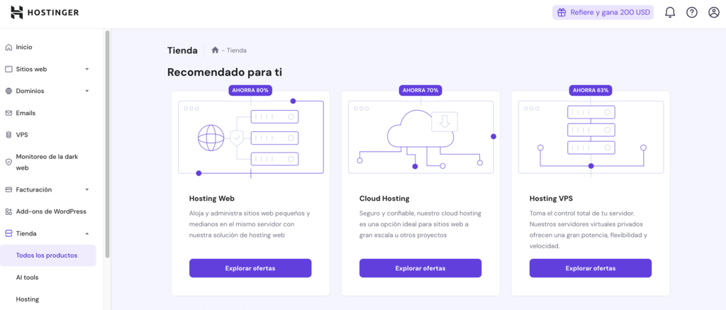 Secci&oacute;n de tienda en hPanel