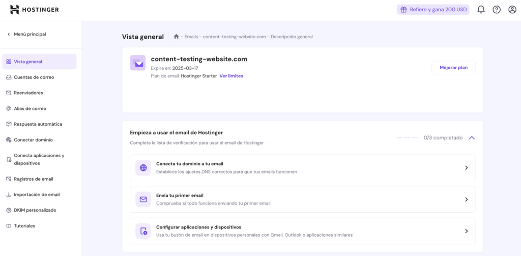 Vista general de un dominio en hPanel