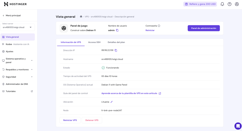 Vista general de VPS en hPanel