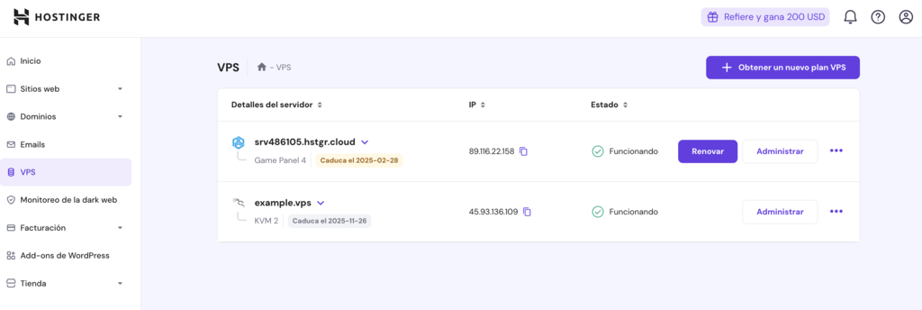 Secci&oacute;n VPS de hPanel