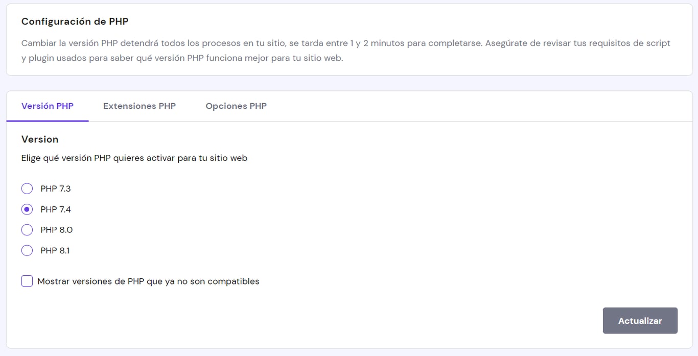 Panel de configuración de PHP.