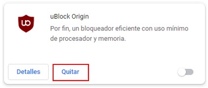Visualización de la opción para eliminar la extensión de Chrome
