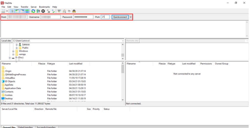 Panel de control de FileZilla
