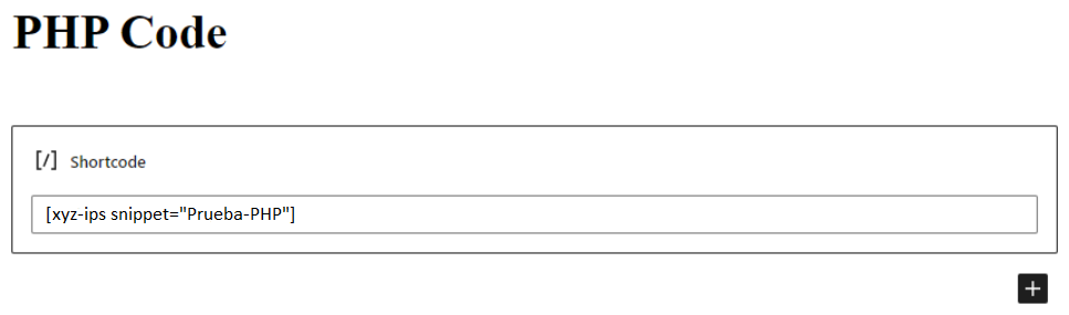 Editor de Gutenberg con el shortcode PHP