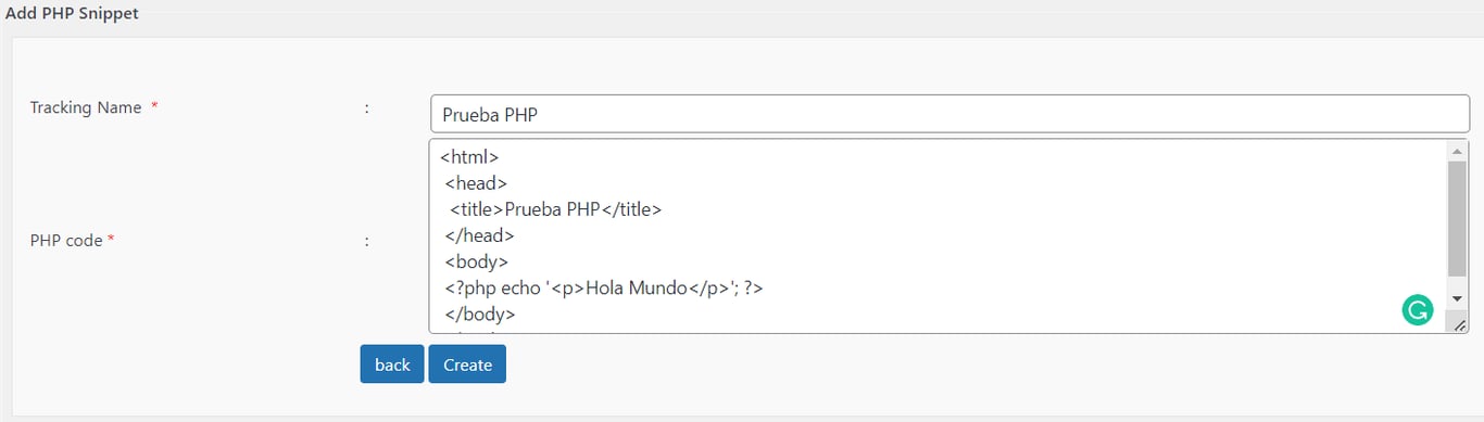 Caja para añadir un snippet de PHP