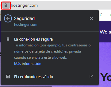 Certificado SSL v&aacute;lido de Hostinger