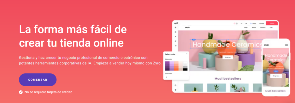 P&aacute;gina del creador de tiendas online de Zyro