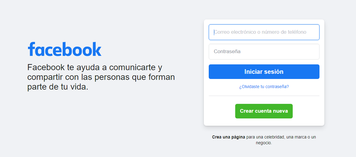 P&aacute;gina de inicio de sesi&oacute;n de Facebook