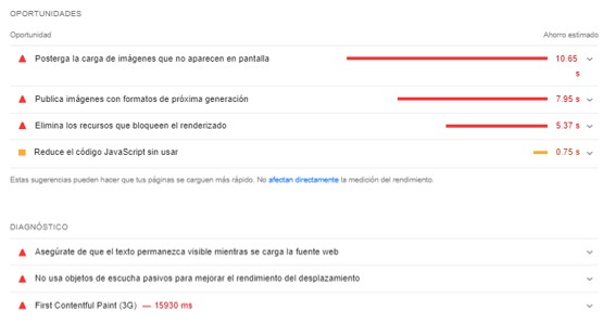 Ejemplo de algunas oportunidades y diagn&oacute;stico que ofrece PageSpeed