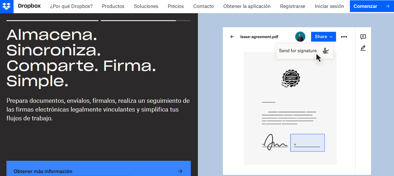 P&aacute;gina de inicio de Dropbox